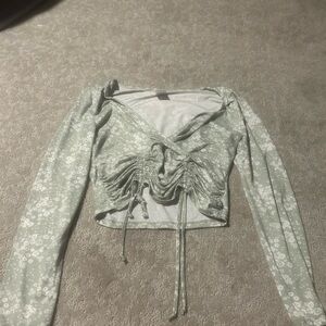 No Boundaries Sage Floral Ruched Drawstring Long Sleeve Crop Top